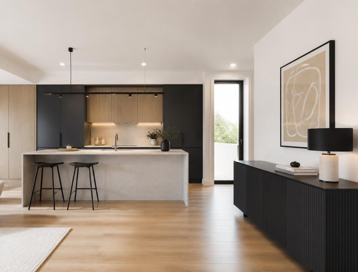 Kuzhinë dhe kontrabuf me porosi në një apartament modern